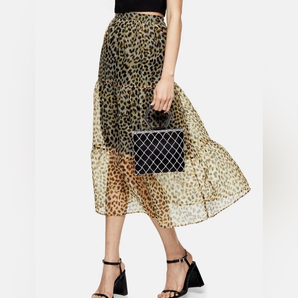 Topshop Organza Leopard Print Tiered Midi Skirt Size US 4 Sheer Overlay